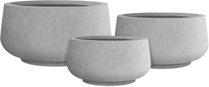 Kante 21.6",16.9",and 12.5" Dia Round Natural Concrete Elegant Planters (Set of 3), Outdoor Indoor Garden Plant Pot with Drainage Hole and Rubber Plug for Home & Patio