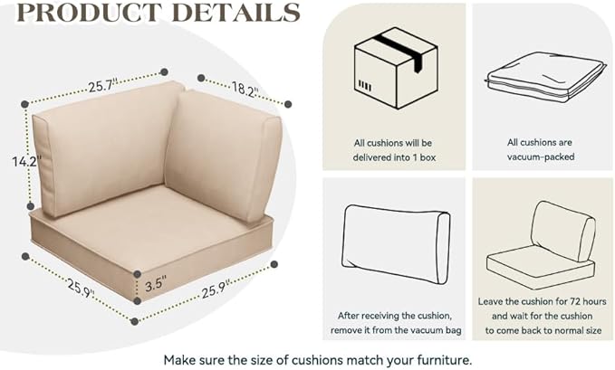 Patio Cushions for Outdoor Furniture,Water-Resistant Outdoor Cushions for 6 Seat Outdoor Sectinal,25.3"×25.3" Deep Seat Sofa Cushions, 14-Piece Outdoor Couch Cushions,Khaki