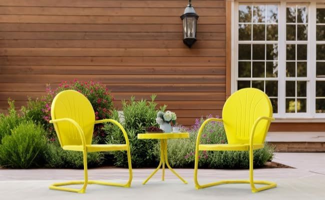 Patio Bistro Set Retro Metal Outdoor Seating Set Conversation Set 3 Pieces, 2 C-Spring Motion Armchairs and Round Side Table, for Porch, Lawn, Garden（Yellow）