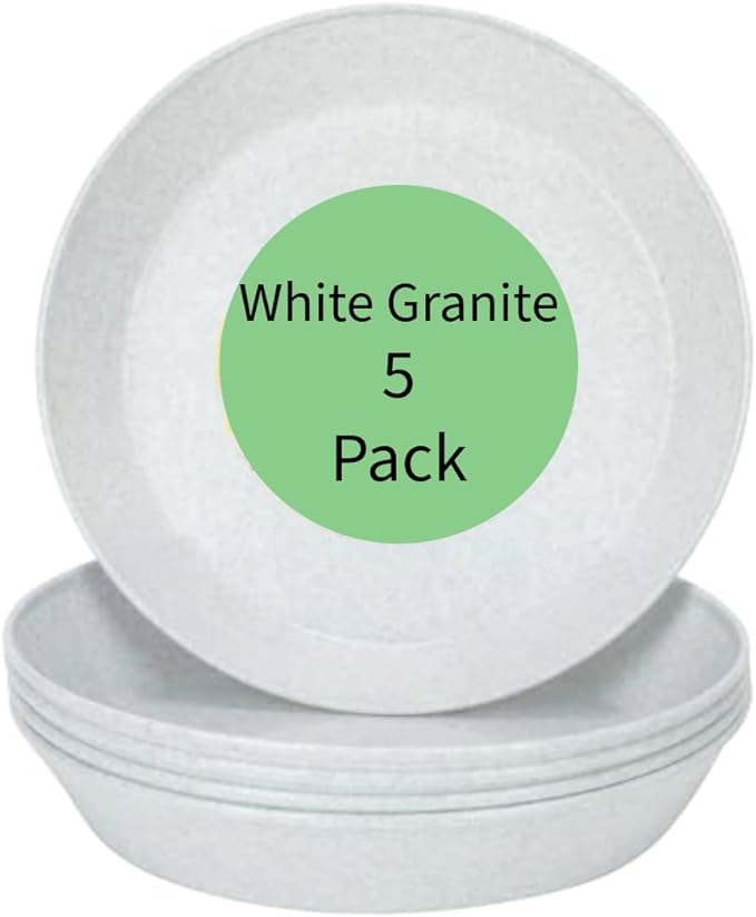 4 inch (3.5" Base) Case of 5 Plant Saucers - White Granite Colored Polypropylene,Heavy Duty Indoor/Outdoor Pan,Collects Flower Pot Drainage and Excess Water, Made in USA