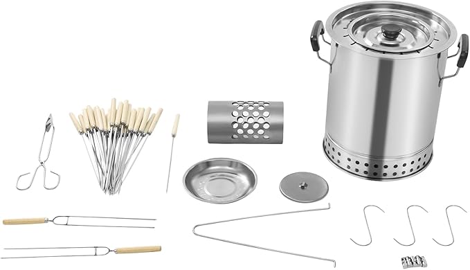 Smokeless Barbecue Stainless Steel Surround Charcoal Barrel Grill, Portable Kebab Charcoal Grill w/30 Skewers & Grilling Accessories Set for Picnics Camping Traveling Parties Beaches Gardens, 10.2"