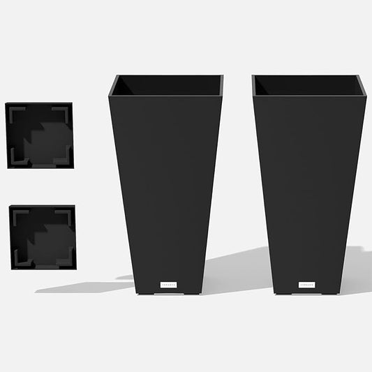 Veradek V-Resin Indoor/Outdoor Taper Planter (Black, 30 inch - 2 Pack with 2 Saucer Trays)