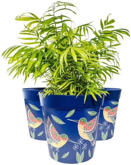Hum Flowerpots, 10 inch Set of 3, Various Patterns Colors and Sizes, Indoor/Outdoor Plastic Plant Pots (Blue Hummingbirds)