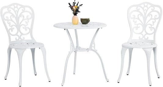 Outvita Patio Table and Chairs Set, Cast Aluminum Outdoor Cafe Table and Chairs Set of 3, Stability Patio Bistro Sets with Umbrella Hole for Garden, Patio, Balcony, Butterfly Pattern White