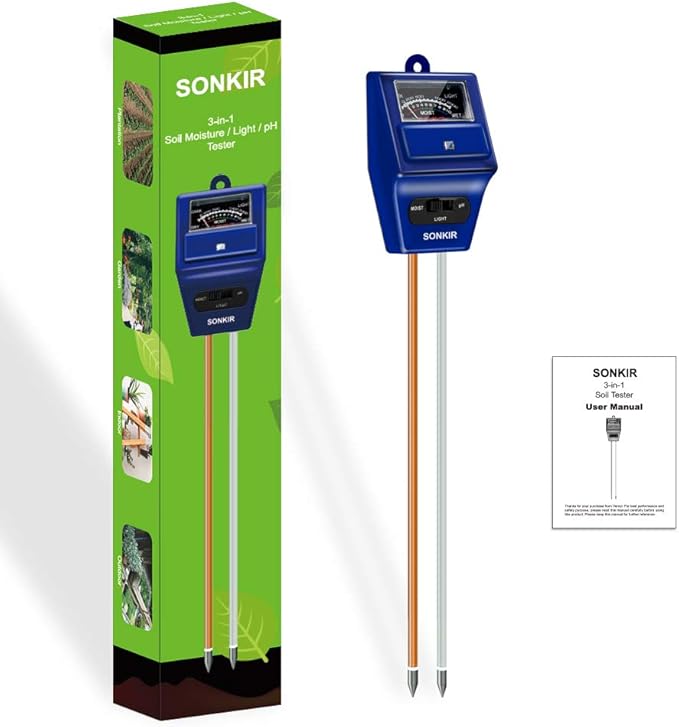 Sonkir Soil pH Meter, MS06 3-in-1 Soil Moisture/Light/pH Tester Gardening Tool Kits for Plant Care, Great for Garden, Lawn, Farm, Indoor & Outdoor Use (Blue)