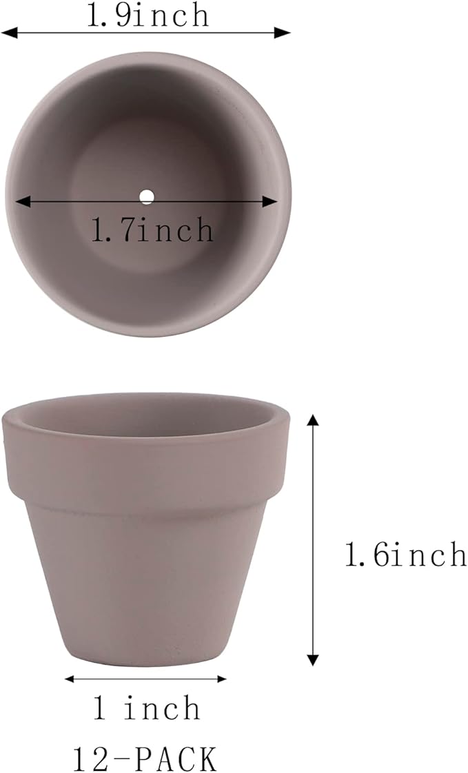 Fcacti Mini Grey Terracotta Clay Flower Pots 2 inch with Drainage Holes for for Tiny Cactus Herb lithop, Small Succulent Planter Nursery Plant Pot for Home Garden Table DIY Hand Craft Gift Decoration