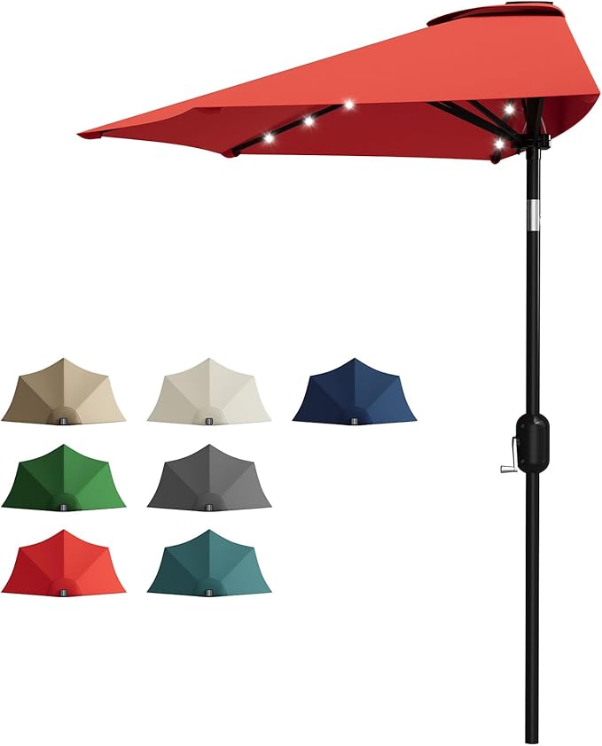 Garvee Patio Umbrella 9FT - Half Umbrella Outdoor with Solar LED Lights and Smooth Crank Lift, Outdoor Shade Canopy for Patio, Backyard, Garden, Deck, Balcony -Red