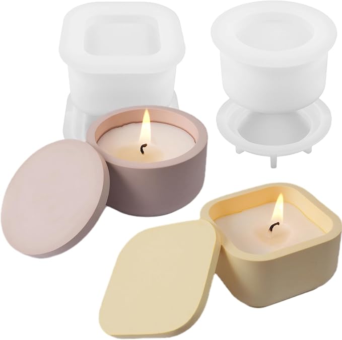Storage Boxes with Lids - Creative Silicone Candle Vessels Pot Molds, Concrete Round & Square Stripe Bottle Making Moulds for Storage & Candle Holders (N-Round+Square)