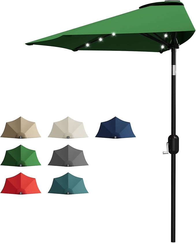 Garvee Patio Umbrella 9FT - Half Umbrella Outdoor with Solar LED Lights and Smooth Crank Lift, Outdoor Shade Canopy for Patio, Backyard, Garden, Deck, Balcony -Dark Green