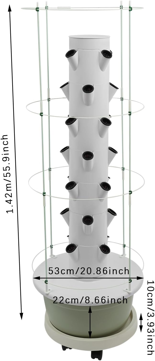 Hydroponic Growing System Kit, Vertical Hydroponic Tower with Climbing Trellis, Indoor & Outdoor Herb Garden, Vegetable Tower with 28 Planting Pods for Tomatoes,Strawberries (White and Light Green)