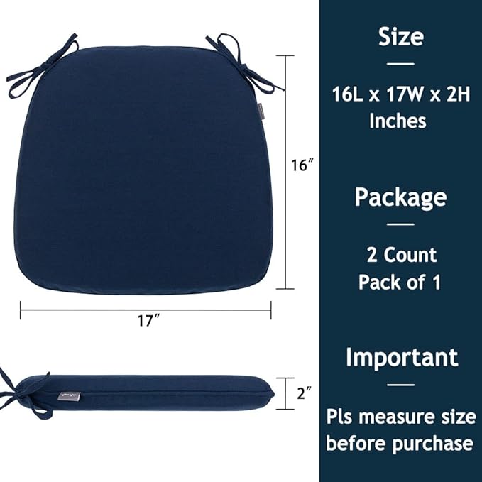 Magpie Fabrics 17"x16"x2" U-Shape Chair Cushions with Ties 2 Count, Outdoor Indoor Waterproof All Weather Seat Pads Decoration for Patio Garden Dining Office - Navy