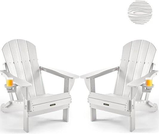 Ciokea Folding Adirondack Chair 2 Pack, Patio Adirondack Chair Weather Resistant, Plastic Fire Pit Chair with Cup Holder, Lawn Chair for Outdoor Porch Garden Backyard Deck (White)