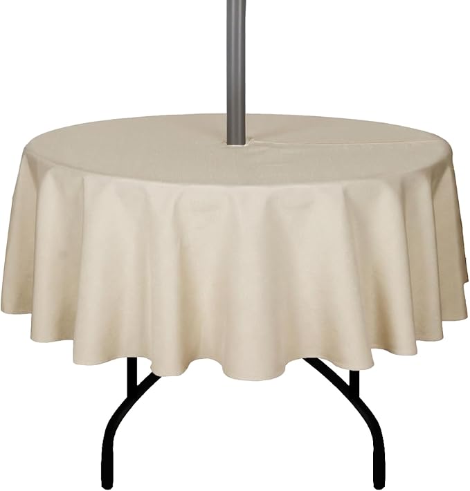 Outdoor Tablecloth Wrinkle-Free Stain Resistant Waterproof Polyester Fabric Table Cover with Zipper Umbrella Hole for Picnic/Party/Dinner/Patio Garden(60inch Round,Zippered,Nature)