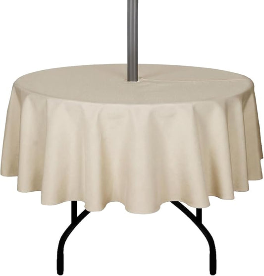Outdoor Tablecloth Wrinkle-Free Stain Resistant Waterproof Polyester Fabric Table Cover with Zipper Umbrella Hole for Picnic/Party/Dinner/Patio Garden(60inch Round,Zippered,Nature)
