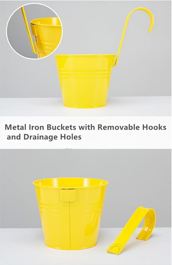 Vintage Hanging Cup Holders with Removable Hooks -5 Pack Metal Iron Buckets Hanging Flower Pots Wall Fence Hanging Planter-Storage Box, Drainage Holes -5''Diameter Vase Decoration (Yellow)