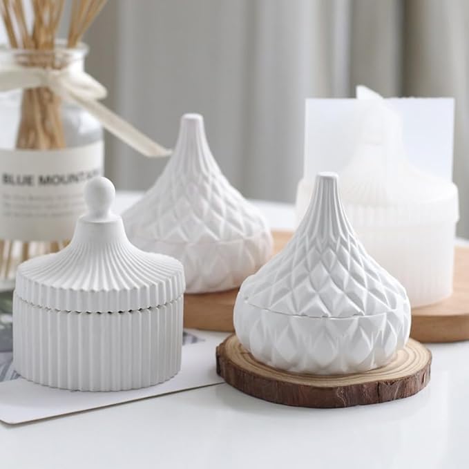 Storage Box With Lids, Silicone Candle Jar Molds Set, Creative Vessels Pot Molds, Concrete Round Stripe With Cover Bottle Making Moulds for Storage Holder (I)