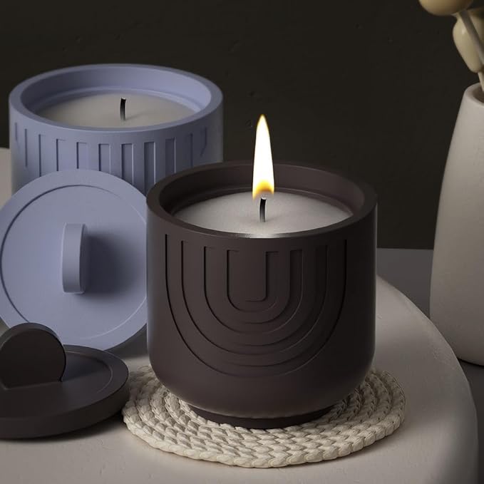 Storage Box with Lids Candle Jar Molds Set, Creative Silicone Candle Vessels Pot Molds, Concrete Round Stripe with Cover Bottle Making Moulds for Storage Candle Holder (D-Striped-U)