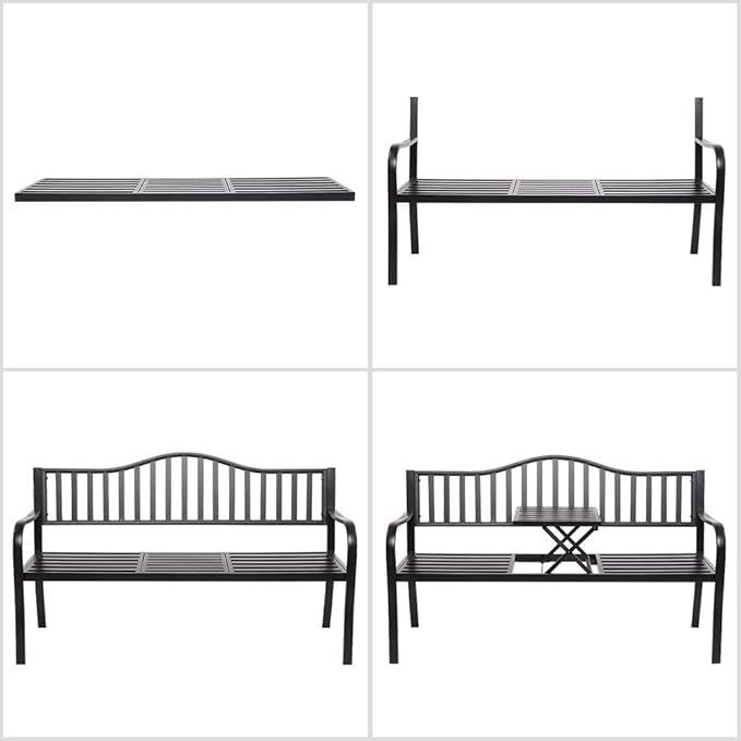 VINGLI 59" Outdoor Metal Bench Patio Bench with Built in Table Park Bench Garden Bench, Outside Benches Weather Proof Front Porch Bench for Yard Lawn Decor Deck