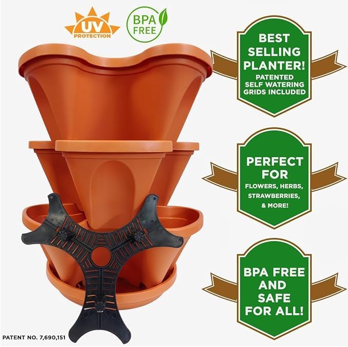 3 Tier Stacking Planter-Flower, Herb, Stackable Garden, Vegetable-Self-Watering-Indoor/Outdoor (Tuscany, Terracotta, Gray)