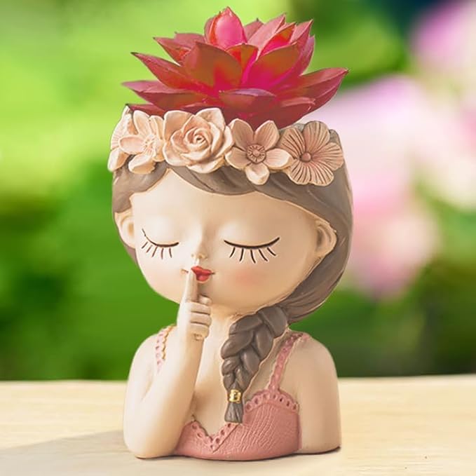 Small Fairy Succulent Plant Pot with Drainage Hole 4inch Indoor Cactus Pot Unique Cute Flower Pot with Girl Face Container Planter Home Office Desk Garden Gifts Idea for Women