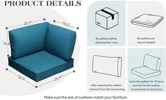 Patio Cushions for Outdoor Furniture,Water-Resistant Outdoor Cushions for 6 Seat Outdoor Sectinal,25.3"×25.3" Deep Seat Sofa Cushions, 14-Piece Outdoor Couch Cushions,Peacock Blue