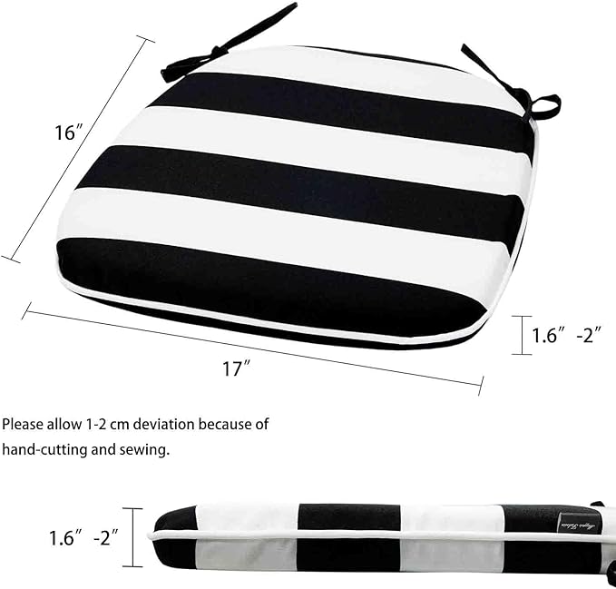 Magpie Fabrics Outdoor/Indoor 17"x16"x2" Chair Cushions with Ties Set of 4, Waterproof All Weather U-Shape Seat Pads Decoration for Patio Garden Furniture Home Office (Black White)