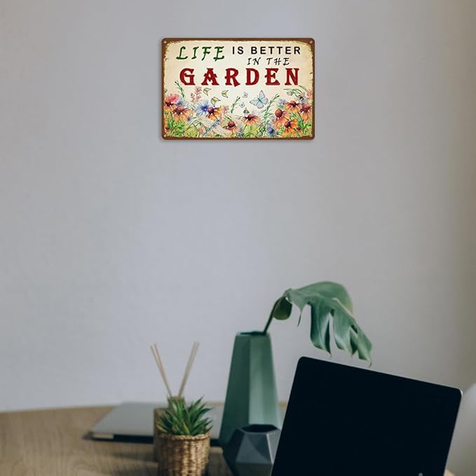 Garden Sign Vintage Gardening Metal Sign Life Is Better In The Garden Rustic Decor Funny Outdoor Gardening Metal Signs Botanical Wall Decorative 8×12 Inch