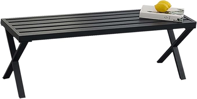 Outdoor Metal Backless Bench Weatherproof Patio Bench with Slatted Seat, X-Shaped Legs, All-Weather Garden Bench for Porch, Patio, Lawn and Backyard, Black