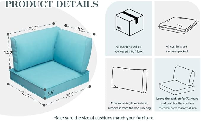 Patio Cushions for Outdoor Furniture,Water-Resistant Outdoor Cushions for 6 Seat Outdoor Sectinal,25.3"×25.3" Deep Seat Sofa Cushions, 14-Piece Outdoor Couch Cushions,Lake Blue