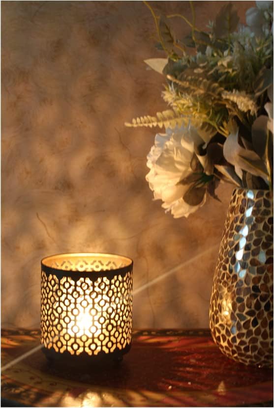 Hosley Bulk Buy Black (Gold Inside) Metal Jar Holder Candle Sleeve Set of 8-4.5" High. Votive, Tea Light Lanterns Ideal Gift for Weddings, Parties, Spa and Aromatherapy O6