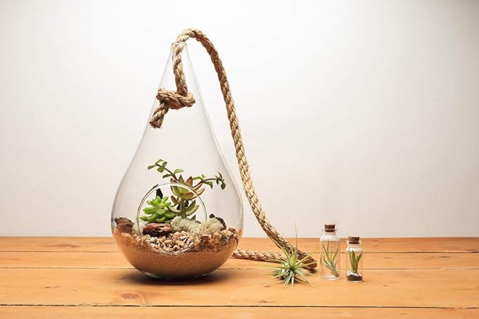 WGV Hanging Planter Terrarium, Width 5", Height 9.5", DIY Clear Glass Succulents Air Teardrop Floral Container (Including Rope), Candle Holder Vase for Outdoor Indoor Decor, 1 Piece