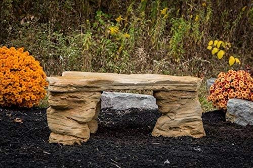 Cast Stone Petrified Rock Bench - 3 Piece Concrete Patio Furniture, Hand Sculpted Fine Cast Stone