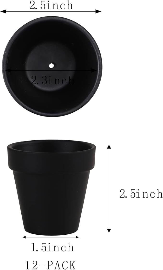 12 PCS Small Mini Black Clay Pots with Drainage Holes, 2.5inch Terra Cotta Pot Clay Ceramic Pottery Planter, Succulent Nursery Pot/Cactus Plant Pot, for Indoor/Outdoor Plants, Crafts, Wedding Favor