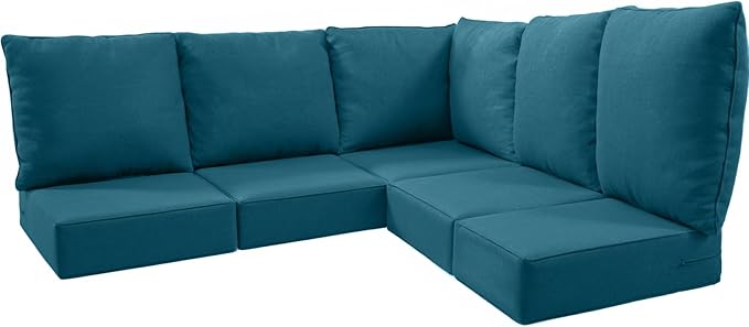 Luxury 24x24x6 Outdoor Cushions for 5-Seat Sectional Sofa Set of 5 - Water-Repellent 11-Piece Patio Cushion Set for Outside Rattan Wicker Loveseat Chair L-Shape Couch - Peacock Blue/Classic