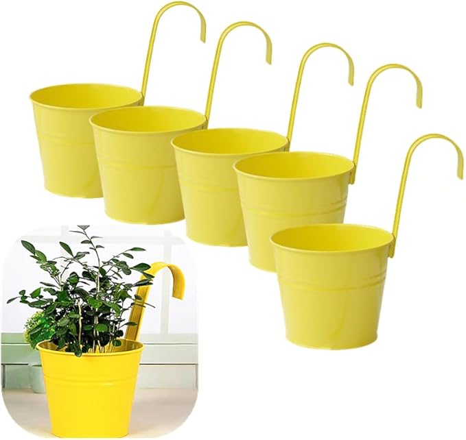 Vintage Hanging Cup Holders with Removable Hooks -5 Pack Metal Iron Buckets Hanging Flower Pots Wall Fence Hanging Planter-Storage Box, Drainage Holes -5''Diameter Vase Decoration (Yellow)