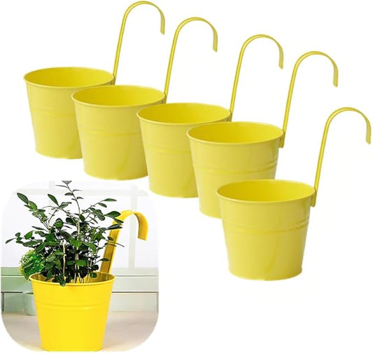 Vintage Hanging Cup Holders with Removable Hooks -5 Pack Metal Iron Buckets Hanging Flower Pots Wall Fence Hanging Planter-Storage Box, Drainage Holes -5''Diameter Vase Decoration (Yellow)