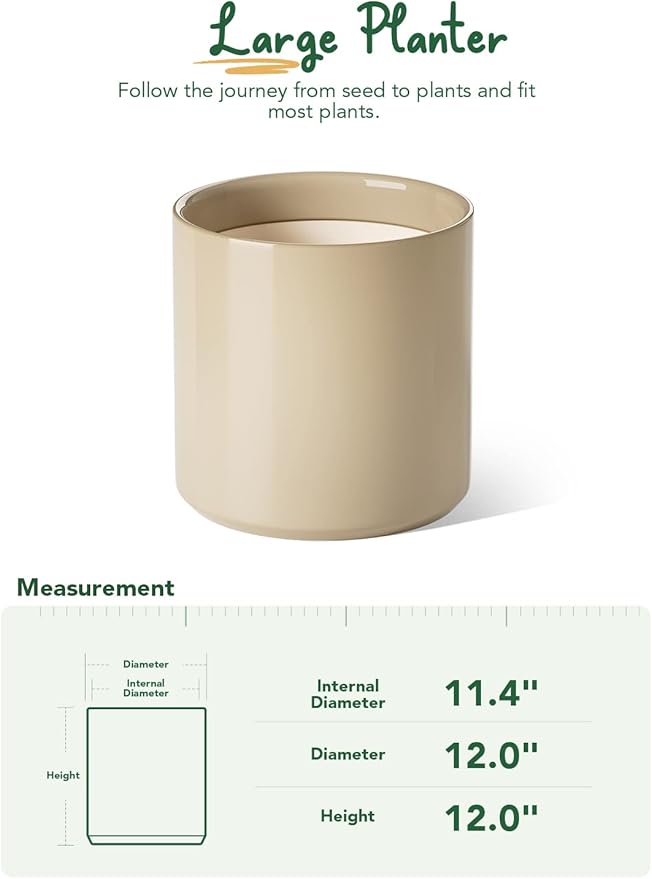 LE TAUCI 12 Inch Pot for Plants, Ceramic Planters for Indoor Plants, Mid-Century Modern Cylinder Flower Pots with Drainage Hole, Fits Fiddle Leaf Fig & Monstera, Home Decor, Sand Beige