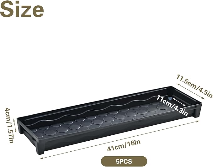 5 PCS Plastic Plant Tray Saucer Rectangular, Windowsill Plant Drainage Stand for Indoors Outdoor, Black Water Drip Tray for Flower Pot Planter, 16 x 4.5 x 1.6 Inch