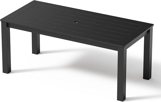 Outdoor HDPE Dining Table, All-Weather Outdoor Table with Umbrella Hole Cut-Out, Patio Furniture for Garden, Backyard, Deck (Black)
