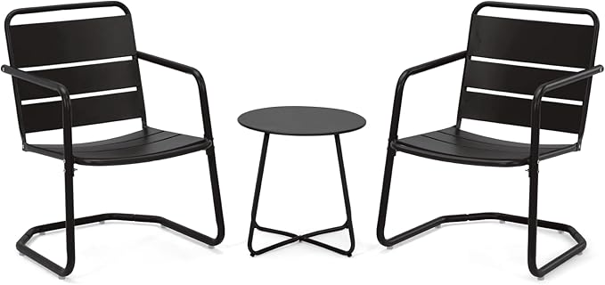 MELLCOM 3 Piece Patio Set, Small Patio Furniture Set - 2 C-Spring Metal Chairs with Round Side Table, Outdoor Bistro Set for Balcony, Front Porch, Poolside, Garden, Deck, Black