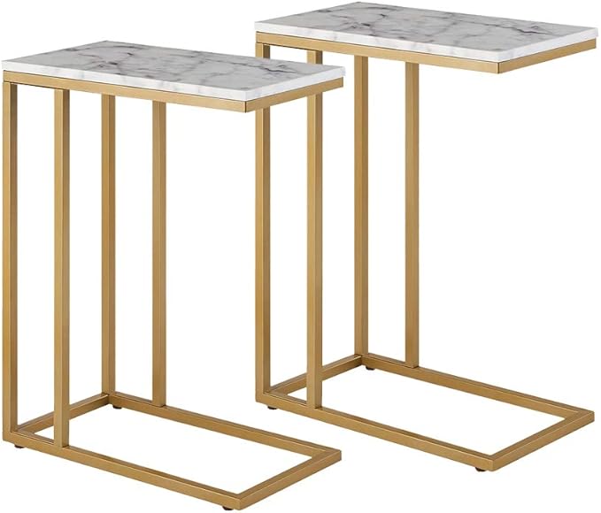 ROSEN GARDEN C-Shape Side End Table Set, Faux Marble Tray Snack Table with Metal Frame, Laptop Coffee Holder, Modern Furniture