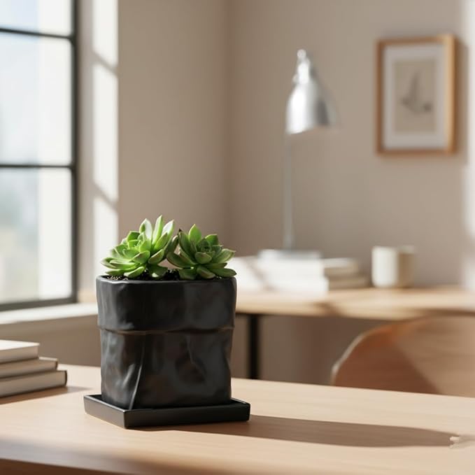 Nihow Ceramic Plant Pot: 6 Inch Planter with Drainage Hole & Square Saucer for Herbs/Plants, Bag Shape Design Flower Pot for Indoor & Outdoor Garden Decor - Black