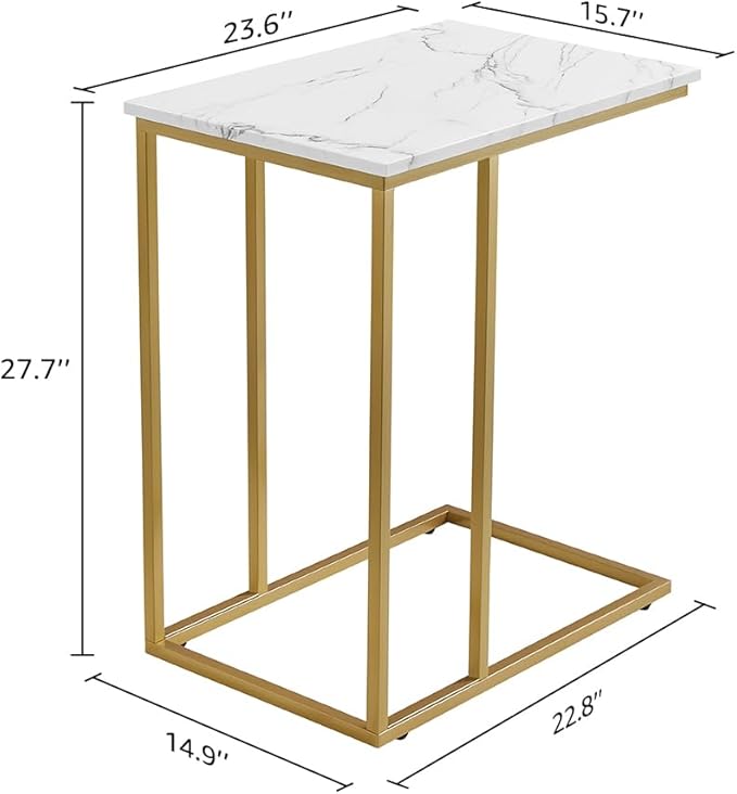 ROSEN GARDEN C Shaped Side Table End Table for Couch, Gold Side End Table with White Faux Marble Top, Modern Living Room Tray Table