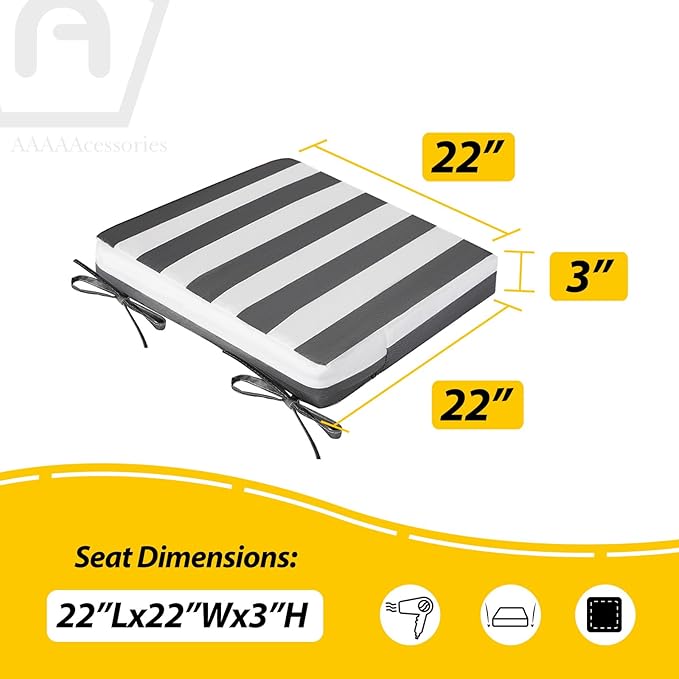 AAAAAcessories Outdoor Seat Cushions for Chairs, Waterproof, Fade-Resistant, 22" x 22" x 3", Patio Furniture Replacement Cushions, Set of 2, Gray Cabana Stripe