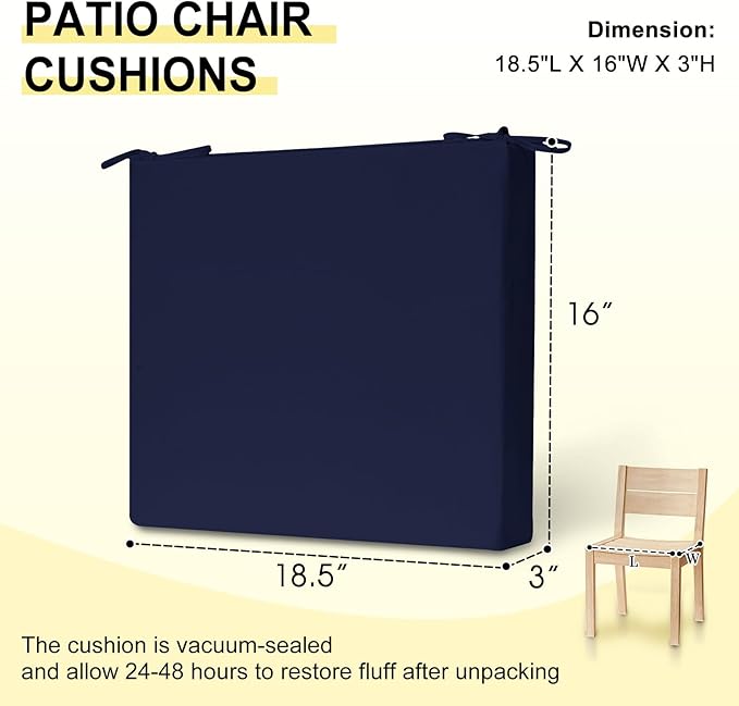 downluxe Outdoor Chair Cushions Set of 6 for Patio Furniture, Water-Resistant Square Corner Patio Chair Cushions with Ties, High Density Foam Outdoor Seat Cushion, 18.5" X 16" X 3", Navy