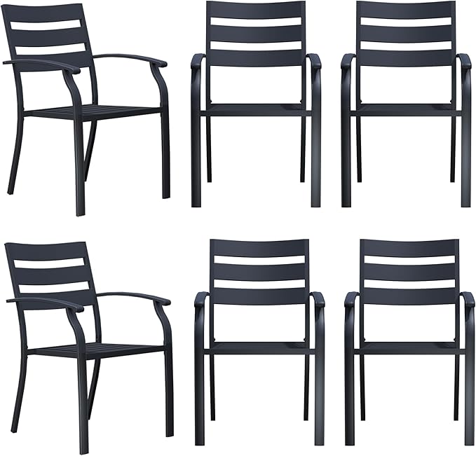 Patio Dining Chairs Set of 6, Black Stackable Outdoor Dining Chairs, Metal Patio Furniture Set for Garden Backyard Lawn Deck Support Over 300 lbs