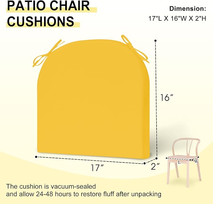 downluxe Outdoor Chair Cushions Set of 6 for Patio Furniture, Water-Resistant Patio Chair Cushions with Ties, High Density Foam Outdoor Seat Cushion, 17" X 16" X 2", Yellow