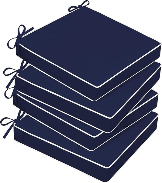 Basic Beyond Outdoor Chair Cushions for Patio Furniture, Waterproof Outdoor Seat Cushions Set of 4 19 x 19, Patio Chair Cushions Set of 4 with Ties and Handle, Navy Blue/White