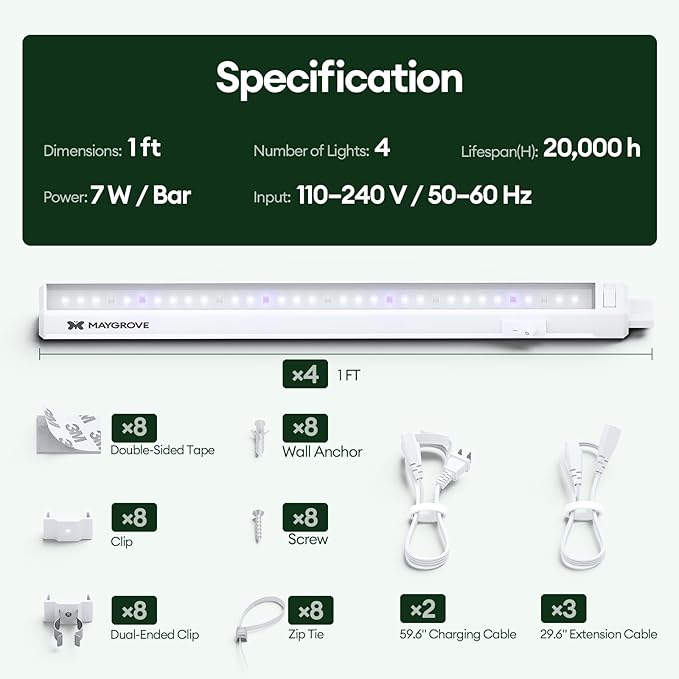 Plant Grow Light 1ft, Tunable Full Spectrum LED Grow Light Strips 28W (4 x 7W), T5 Growing Lamp for Indoor Plants, Greenhouse, High PPFD, 4-Pack