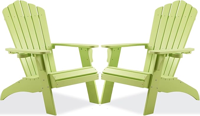 Psilvam Adirondack Chair, Oversized Poly Lumber Fire Pit Chair with Cup Holder, 350Lbs Support Patio Chairs for Garden, Weather Resistant Adirondack Chair Looks Like Real Wood (2, Green)